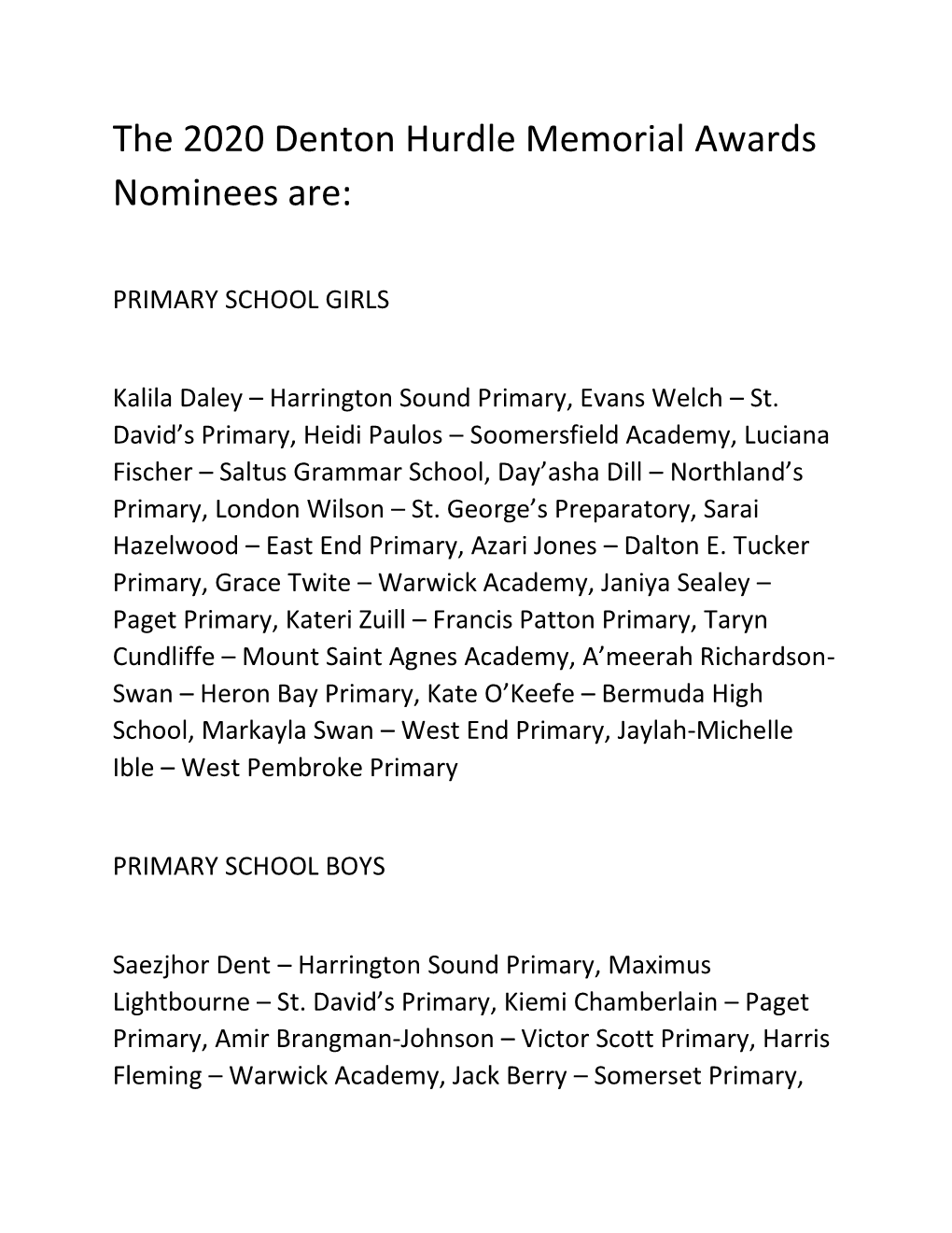 The 2020 Denton Hurdle Memorial Awards Nominees Are