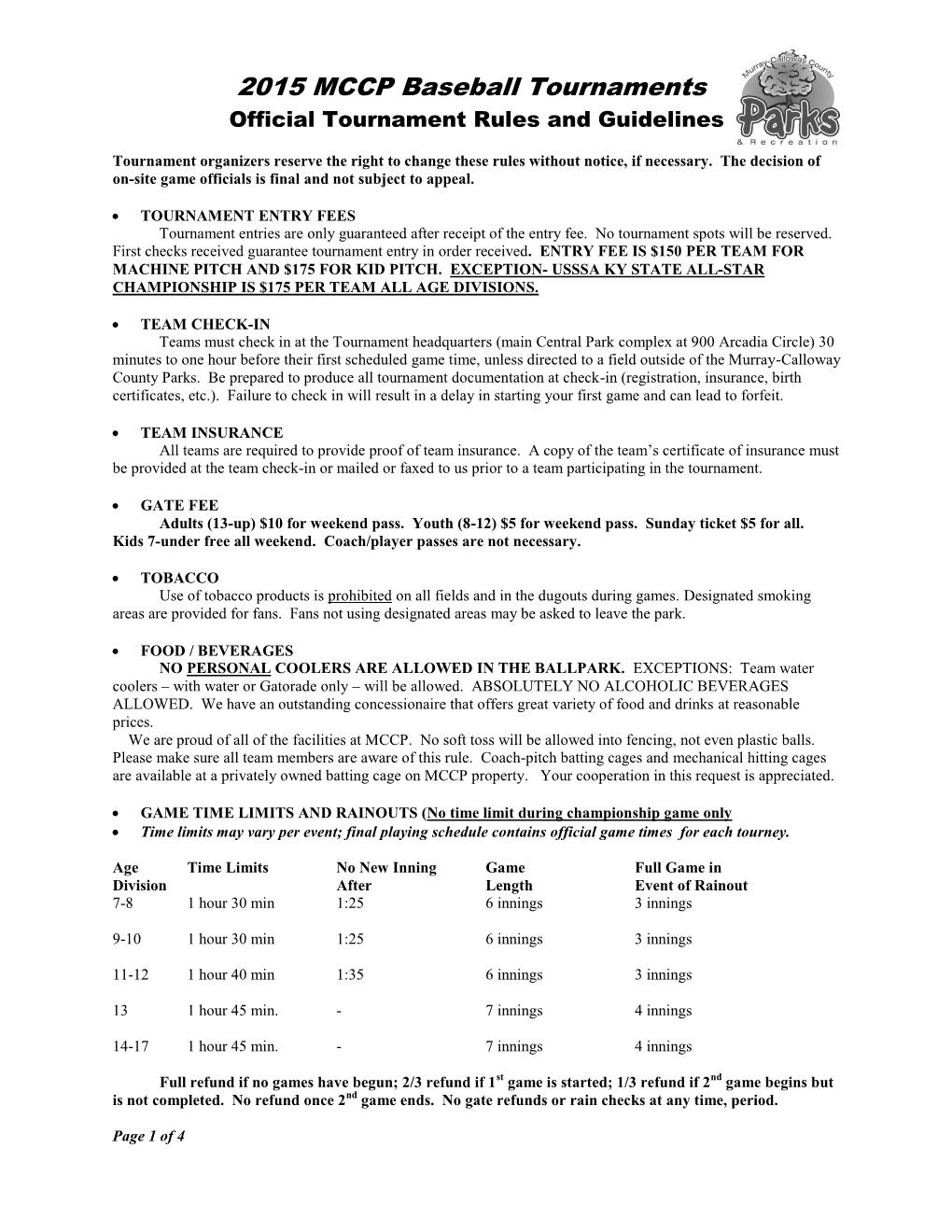 2015 MCCP Baseball Tournaments Official Tournament Rules and Guidelines