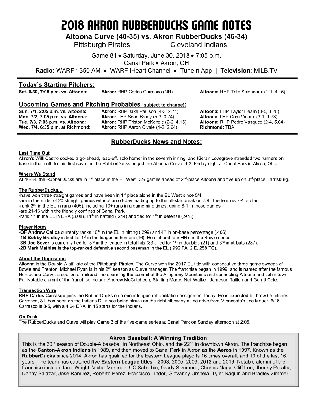 Rubberducks Game Notes 063018