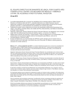 EL EQUIPO DIRECTIVO DE BANORTE SE UBICA, POR CUARTO AÑO CONSECUTIVO, ENTRE LOS MEJORES DE MÉXICO Y AMÉRICA LATINA, DE ACUERDO a INSTITUTIONAL INVESTOR 22 Sep 2013