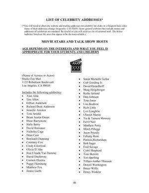 List of Celebrity Addresses* Movie Stars and Talk Show