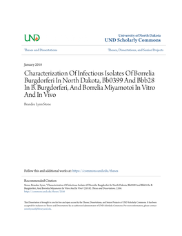 Characterization of Infectious Isolates of Borrelia Burgdorferi in North Dakota, Bb0399 and Bbb28 in B