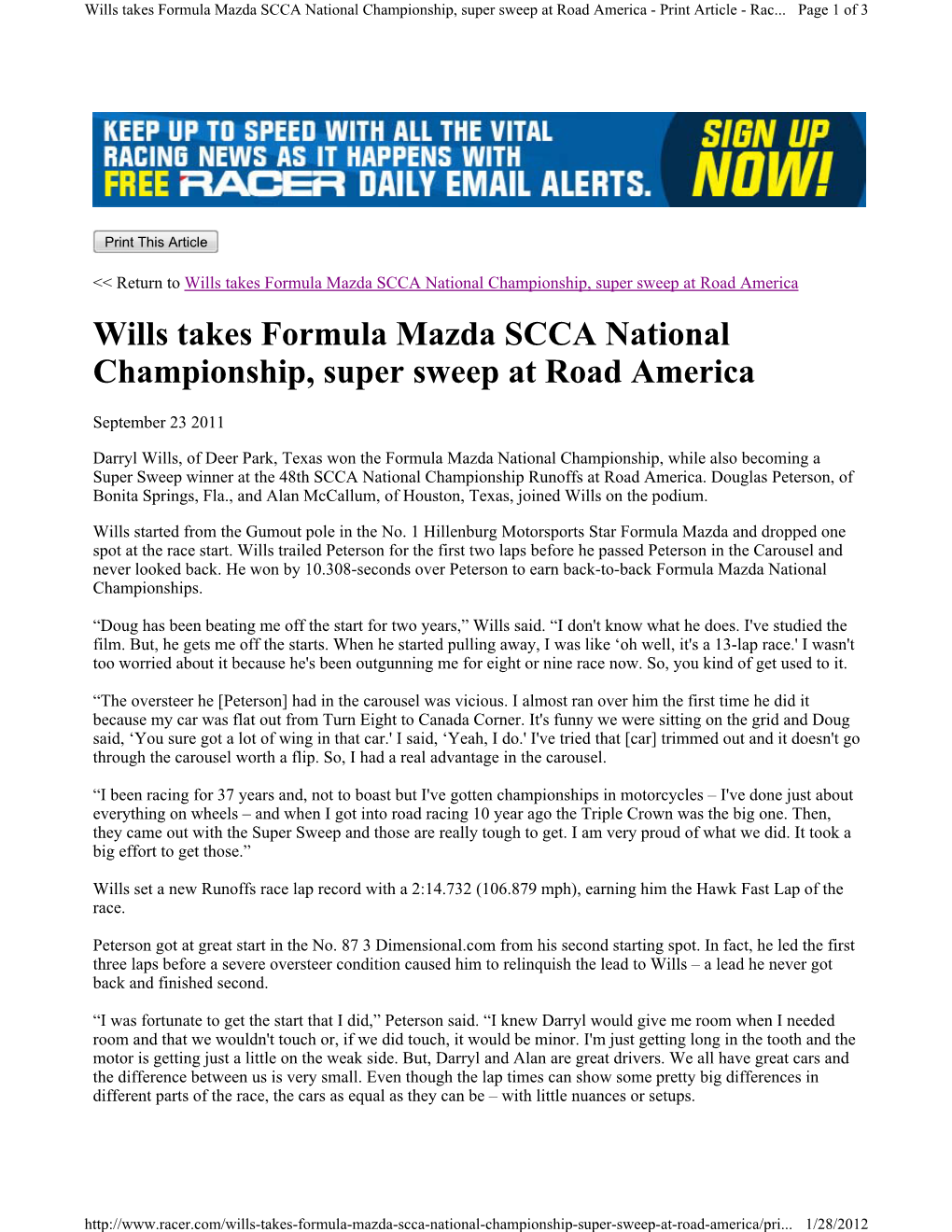 Wills Takes Formula Mazda SCCA National Championship, Super Sweep at Road America - Print Article - Rac