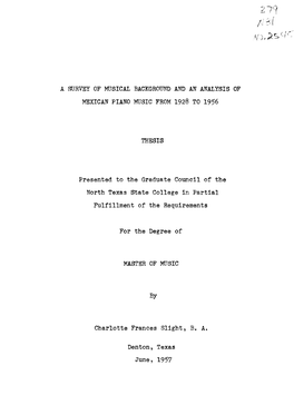 A Survey of Musical Background and an Analysis of Mexican Piano Music from 1928 to 1956