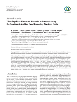 Research Article Dinoflagellate Bloom of Karenia Mikimotoi Along the Southeast Arabian Sea, Bordering Western India