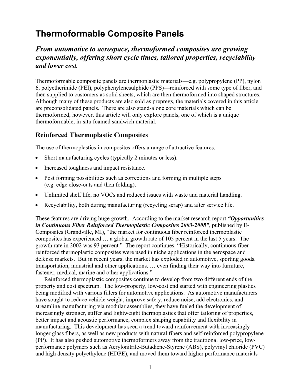 Thermoformable Composite Panels