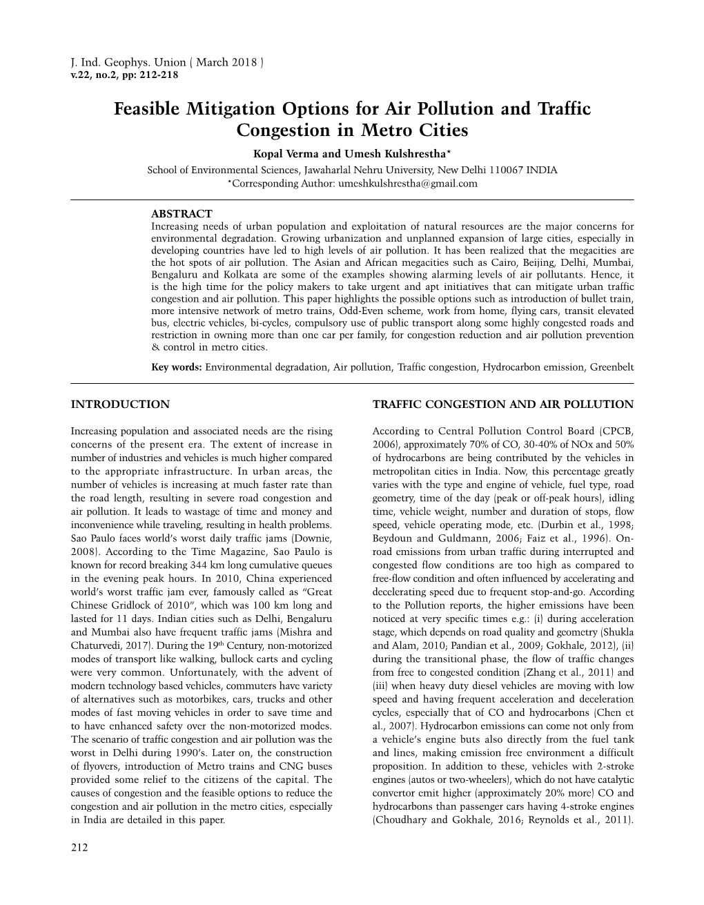 Feasible Mitigation Options for Air Pollution and Traffic Congestion In