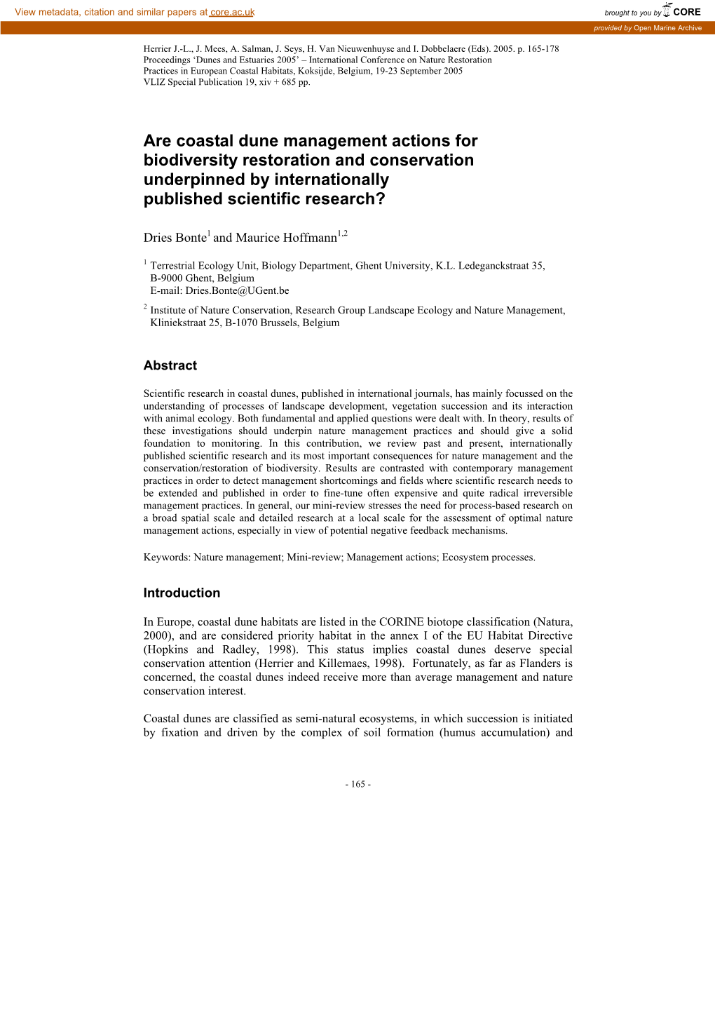 Are Coastal Dune Management Actions for Biodiversity Restoration and Conservation Underpinned by Internationally Published Scientific Research?