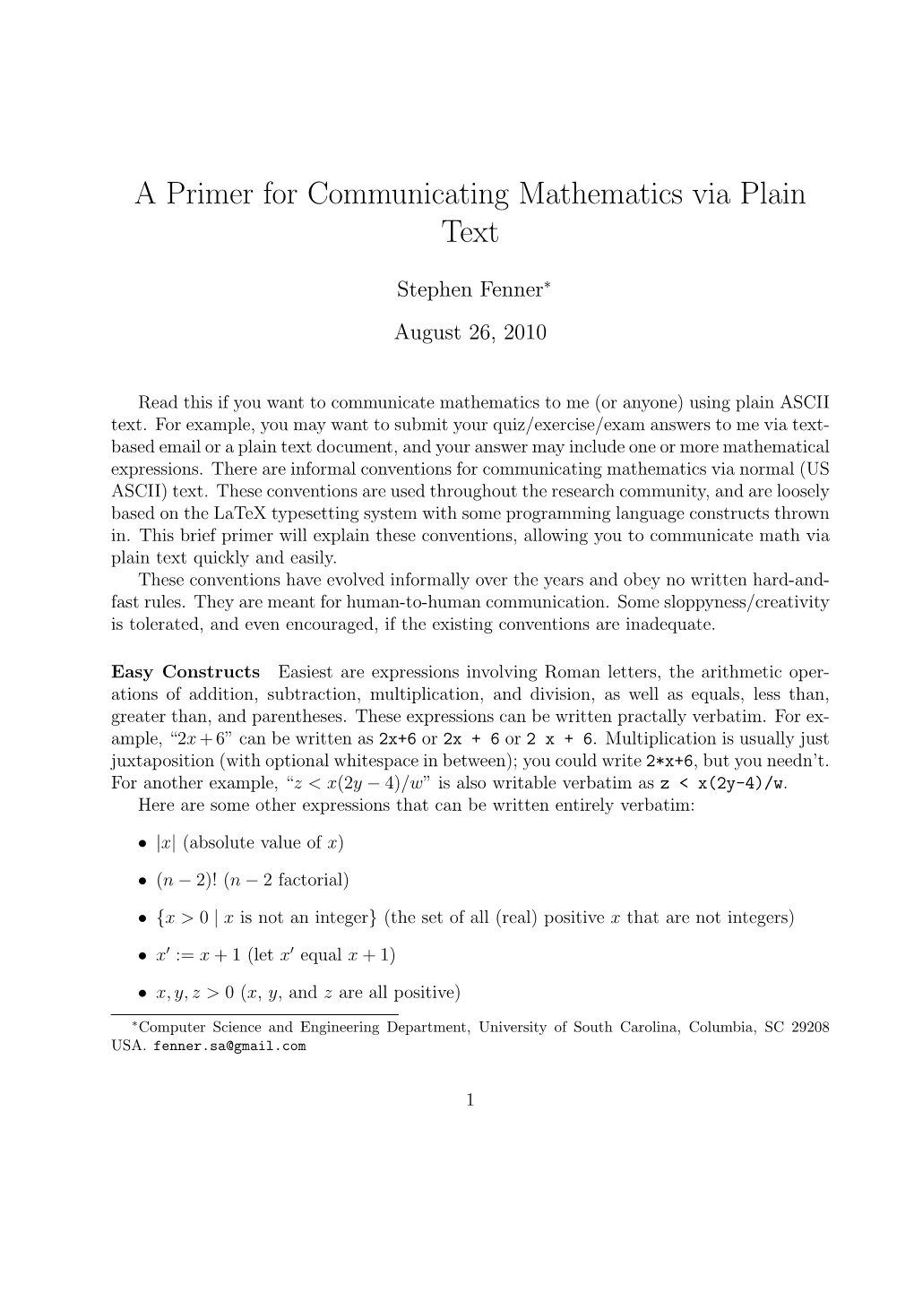 A Primer for Communicating Mathematics Via Plain Text