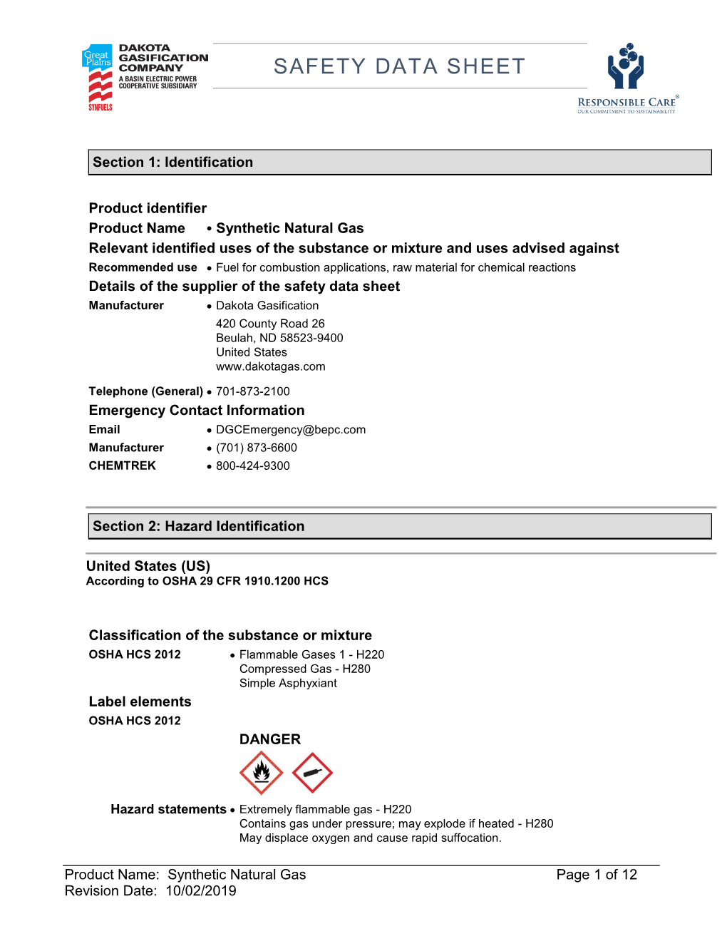 Synthetic Natural Gas (Sng) Sds (Rev 4)