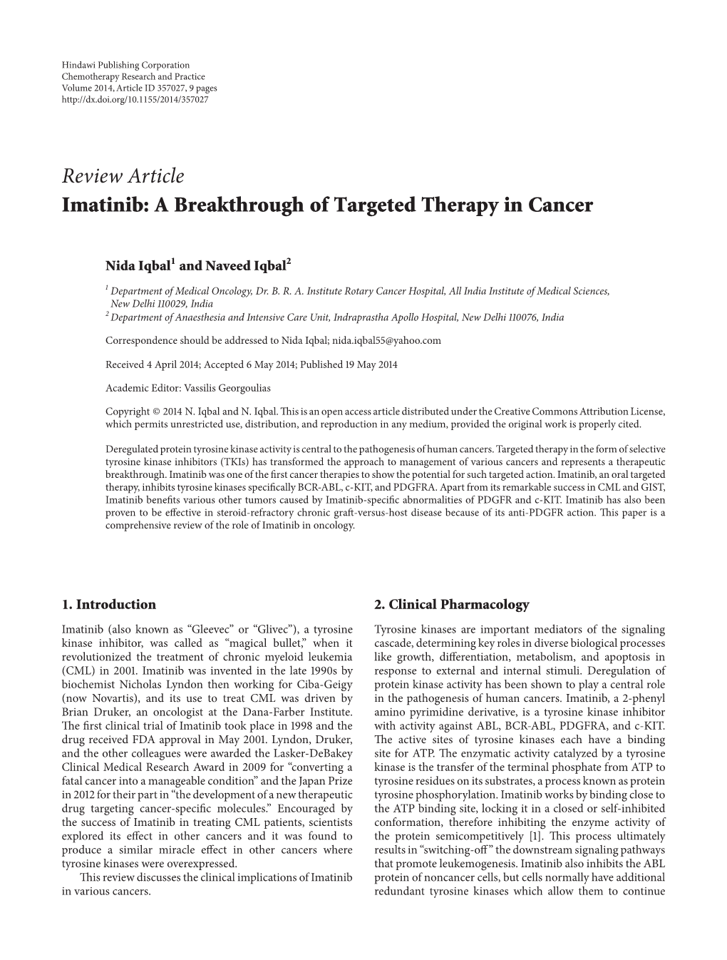 Review Article Imatinib: a Breakthrough of Targeted Therapy in Cancer