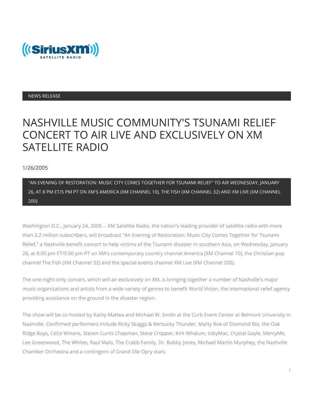 Nashville Music Community's Tsunami Relief Concert to Air Live and Exclusively on Xm Satellite Radio