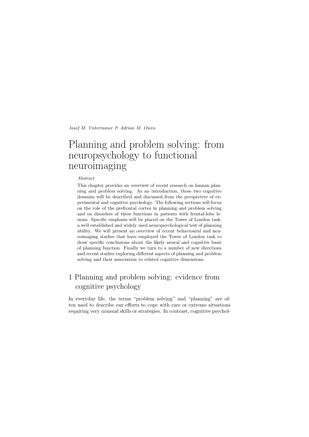 Planning and Problem Solving: from Neuropsychology to Functional Neuroimaging