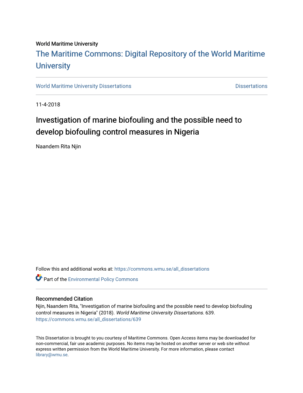 Investigation of Marine Biofouling and the Possible Need to Develop Biofouling Control Measures in Nigeria