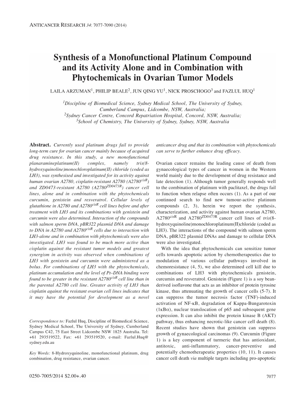 Synthesis of a Monofunctional Platinum Compound and Its Activity Alone and in Combination with Phytochemicals in Ovarian Tumor Models