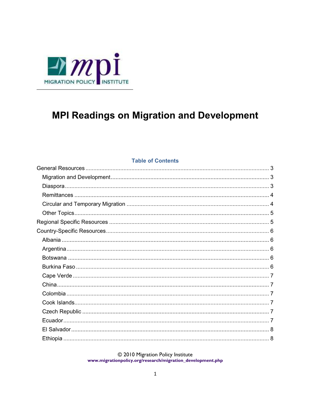 MPI Readings on Migration and Development