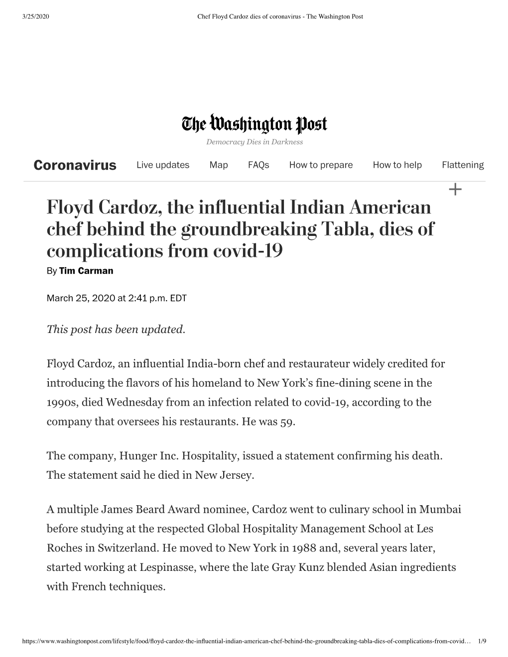 Floyd Cardoz, the Influential Indian American Chef Behind the Groundbreaking Tabla, Dies of Complications from Covid-19 by Tim Carman