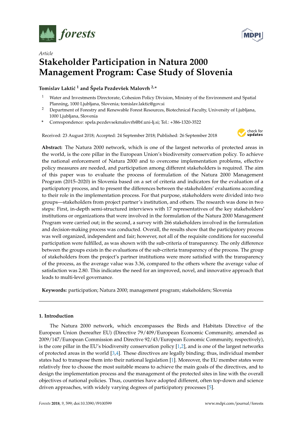 Stakeholder Participation in Natura 2000 Management Program: Case Study of Slovenia