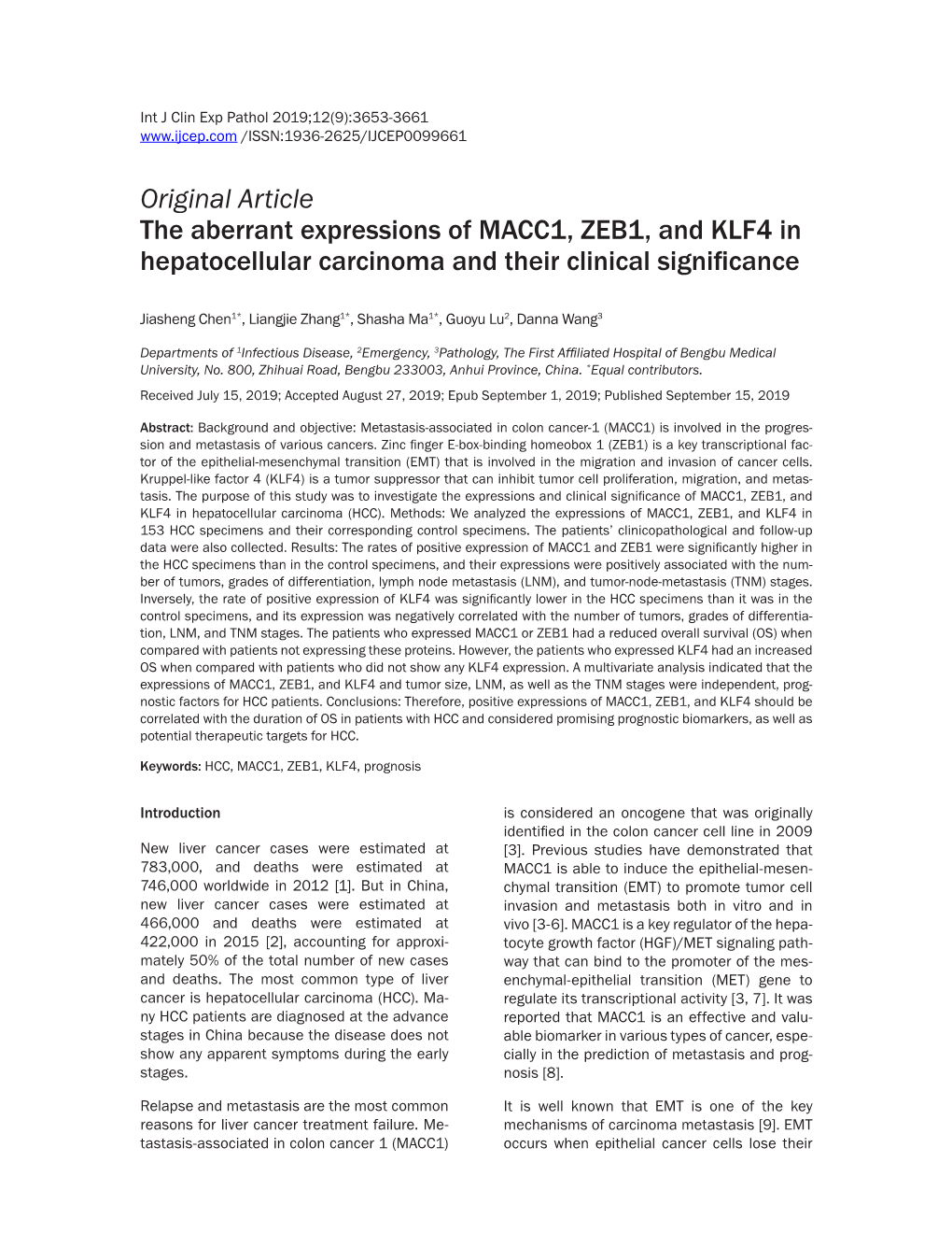 Original Article the Aberrant Expressions of MACC1, ZEB1, and KLF4 in Hepatocellular Carcinoma and Their Clinical Significance