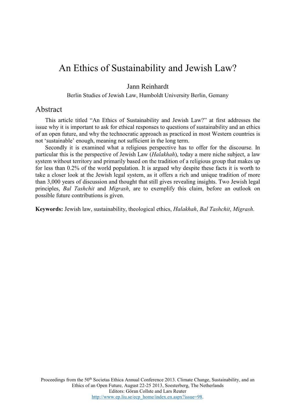 An Ethics of Sustainability and Jewish Law?