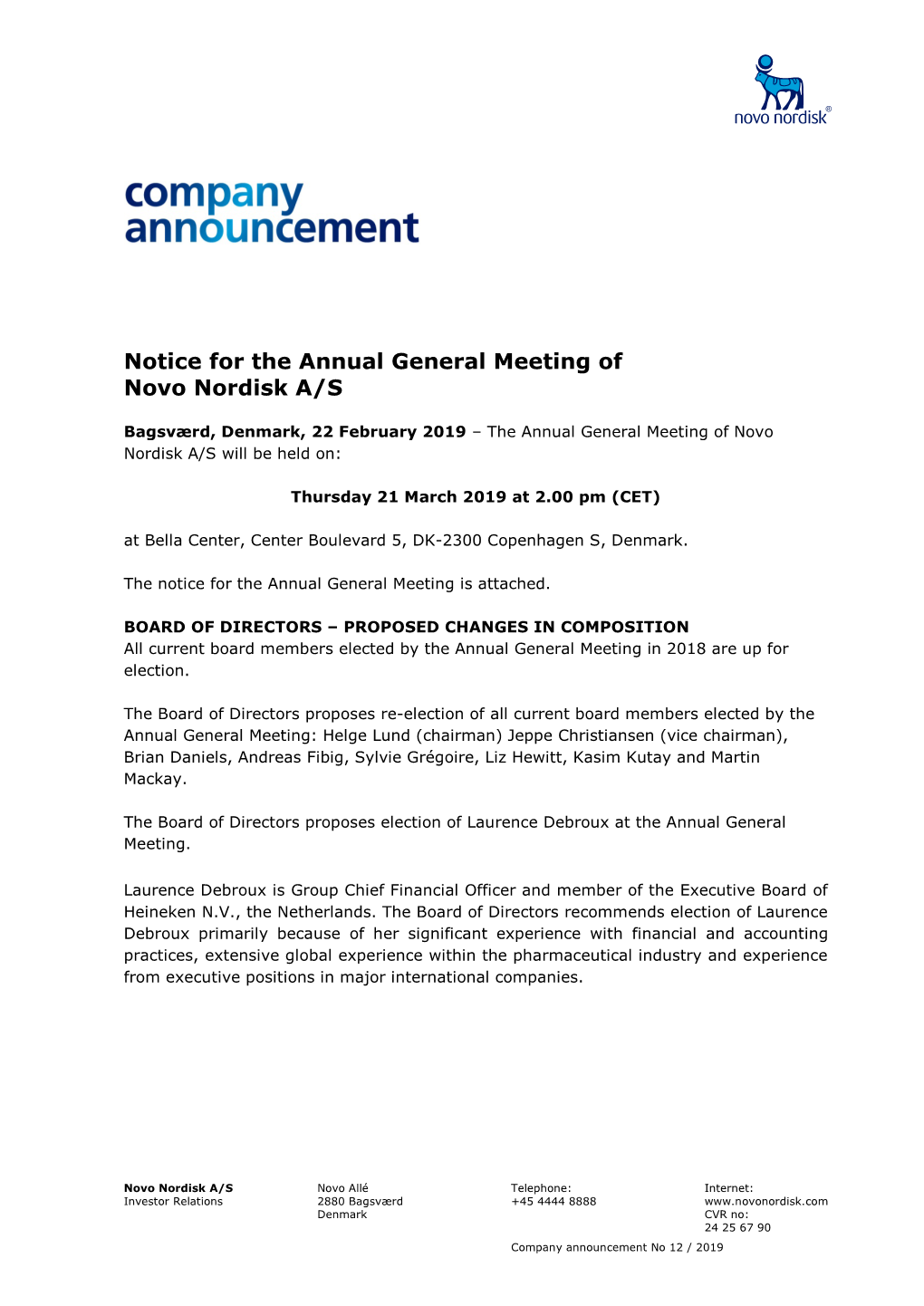 Notice for the Annual General Meeting of Novo Nordisk A/S