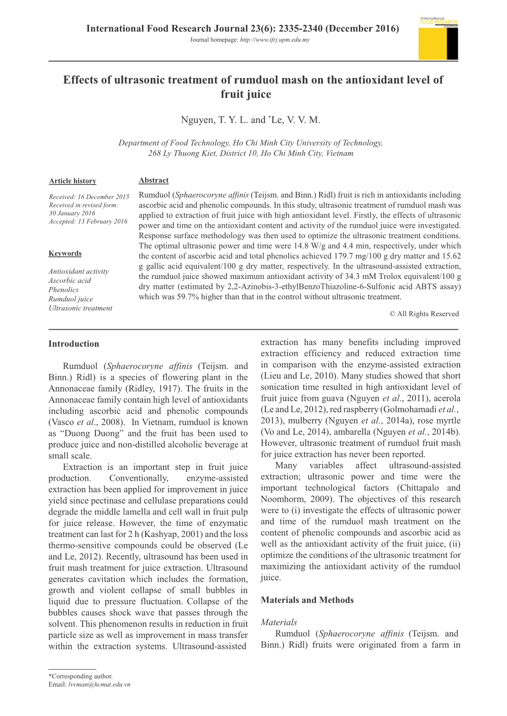 Effects of Ultrasonic Treatment of Rumduol Mash on the Antioxidant Level of Fruit Juice