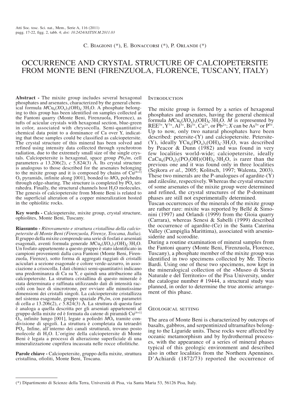 Occurrence and Crystal Structure of Calciopetersite from Monte Beni (Firenzuola, Florence, Tuscany, Italy)