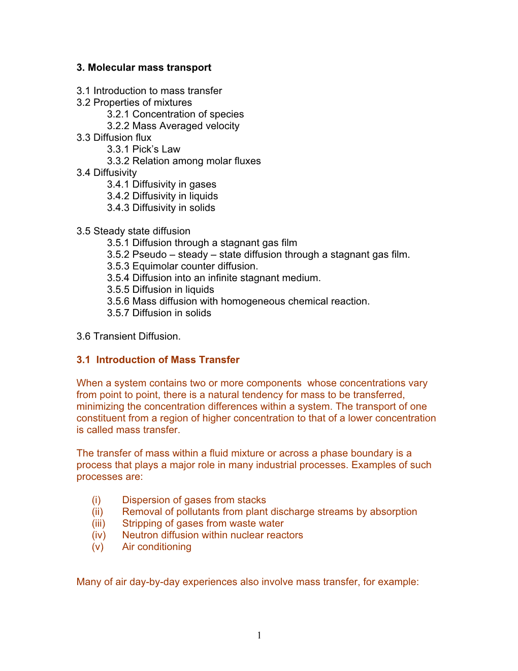 1 3. Molecular Mass Transport 3.1 Introduction to Mass Transfer 3.2