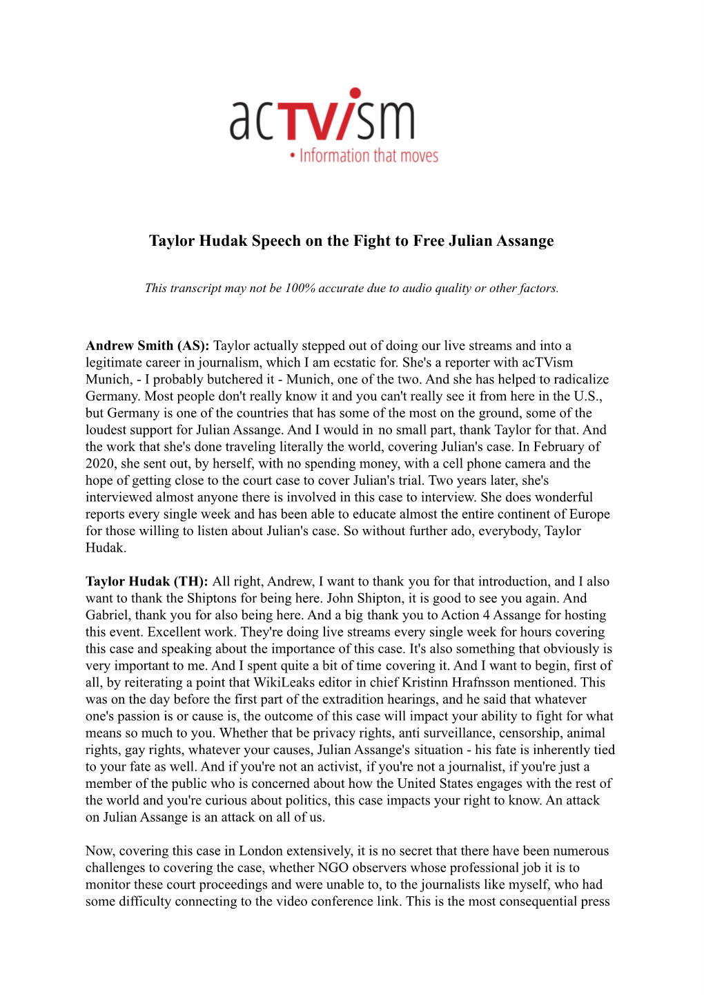 Taylor Hudak Speech on the Fight to Free Julian Assange