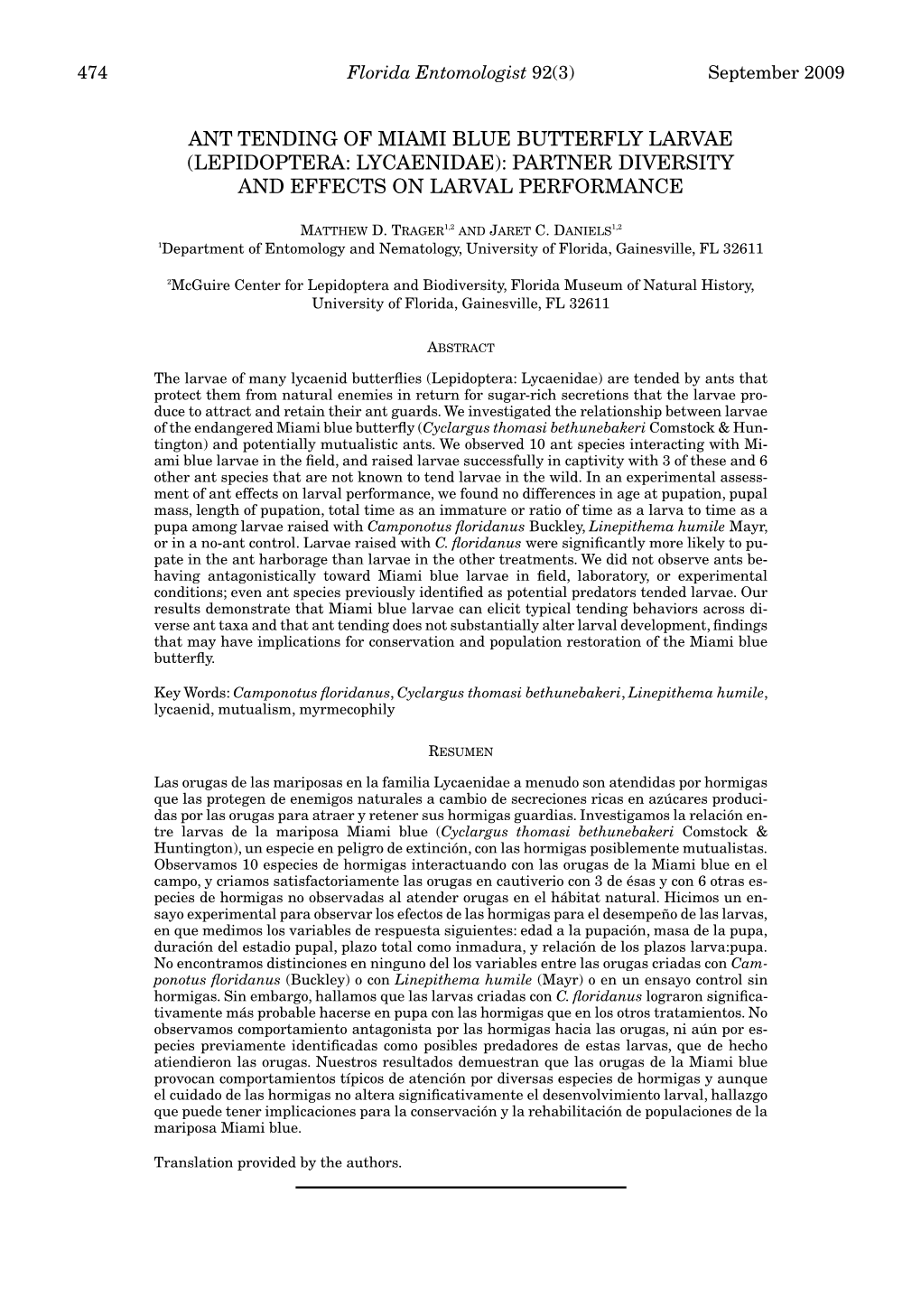 Ant Tending of Miami Blue Butterfly Larvae (Lepidoptera: Lycaenidae): Partner Diversity and Effects on Larval Performance