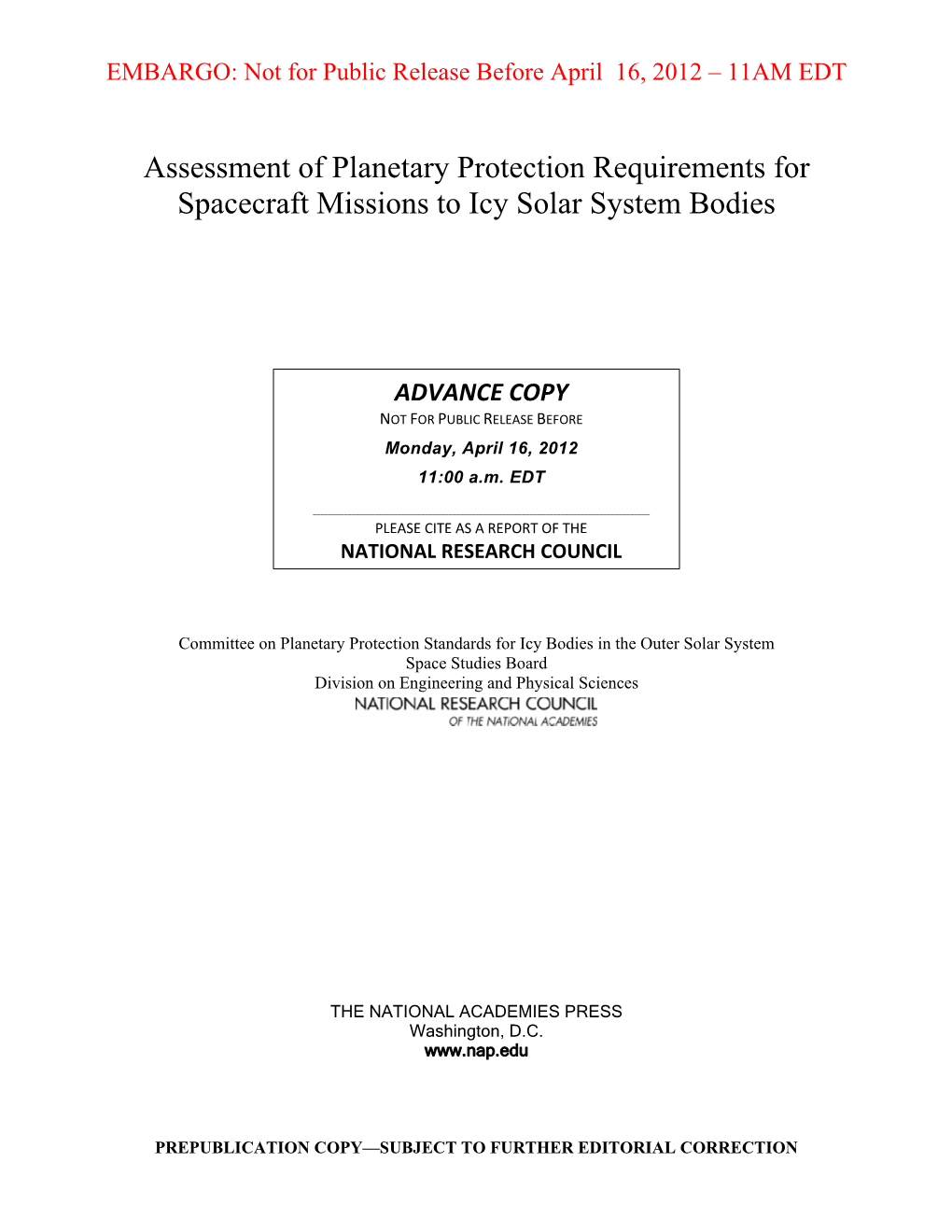 Assessment of Planetary Protection Requirements for Spacecraft Missions to Icy Solar System Bodies