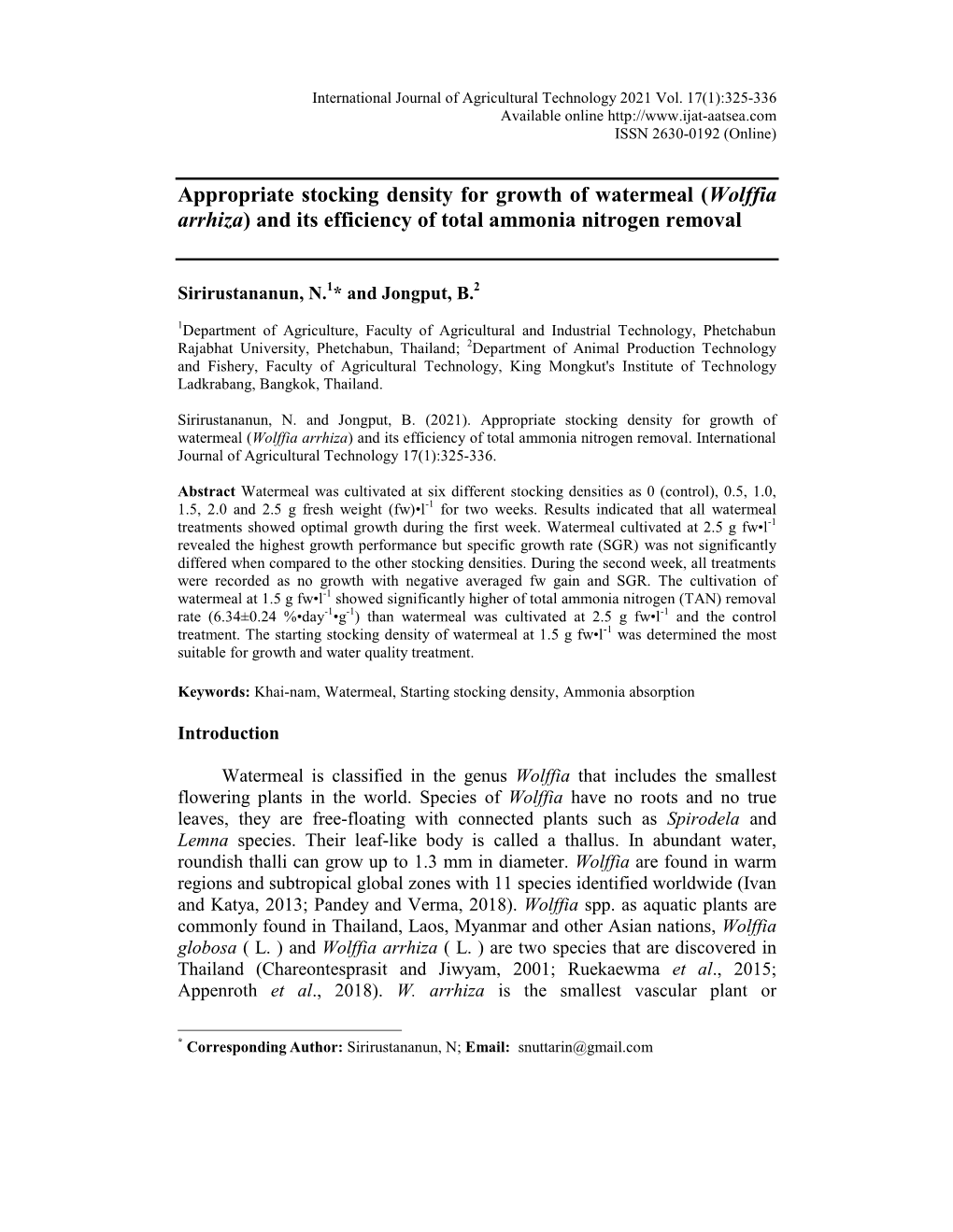 Appropriate Stocking Density for Growth of Watermeal (Wolffia Arrhiza) and Its Efficiency of Total Ammonia Nitrogen Removal