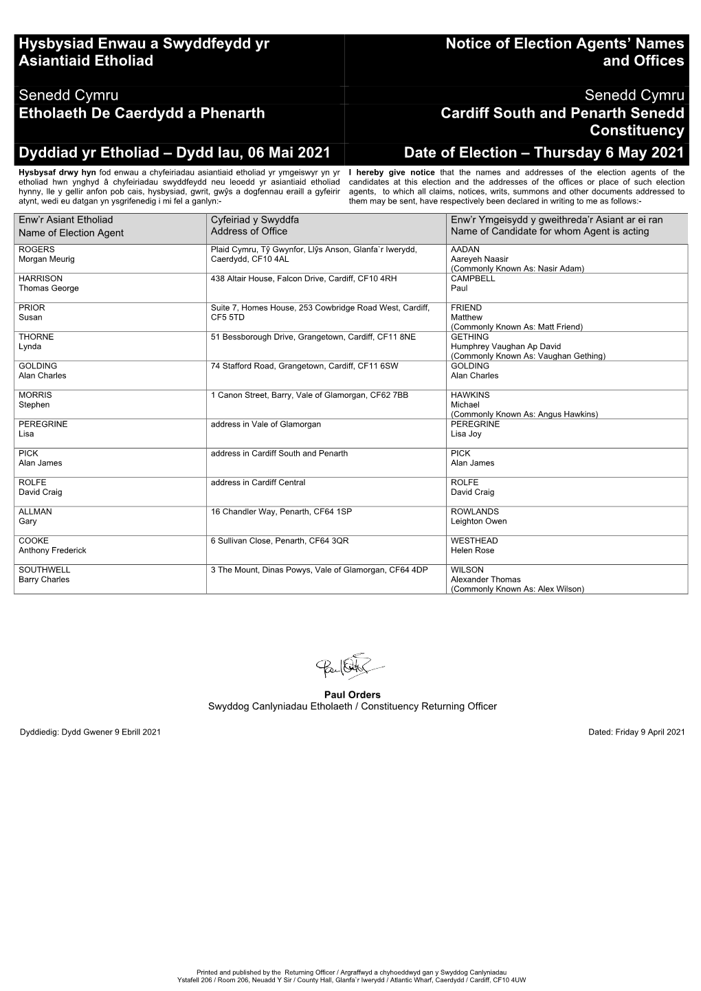 Senedd Constituency Notice of Election Agents' Names and Offices