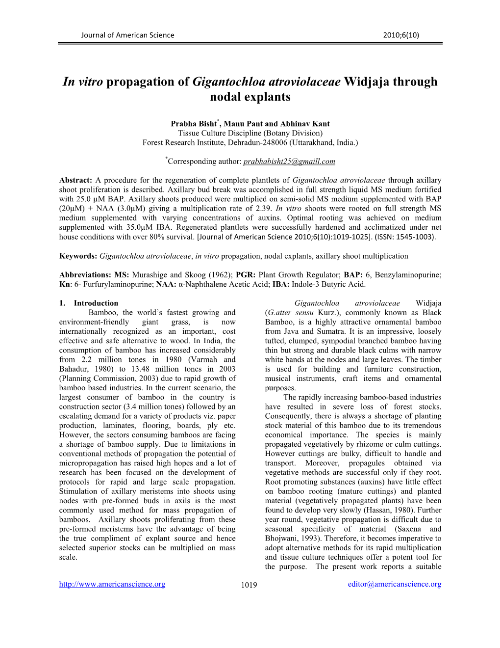 In Vitro Propagation of Gigantochloa Atroviolaceae Widjaja Through Nodal Explants