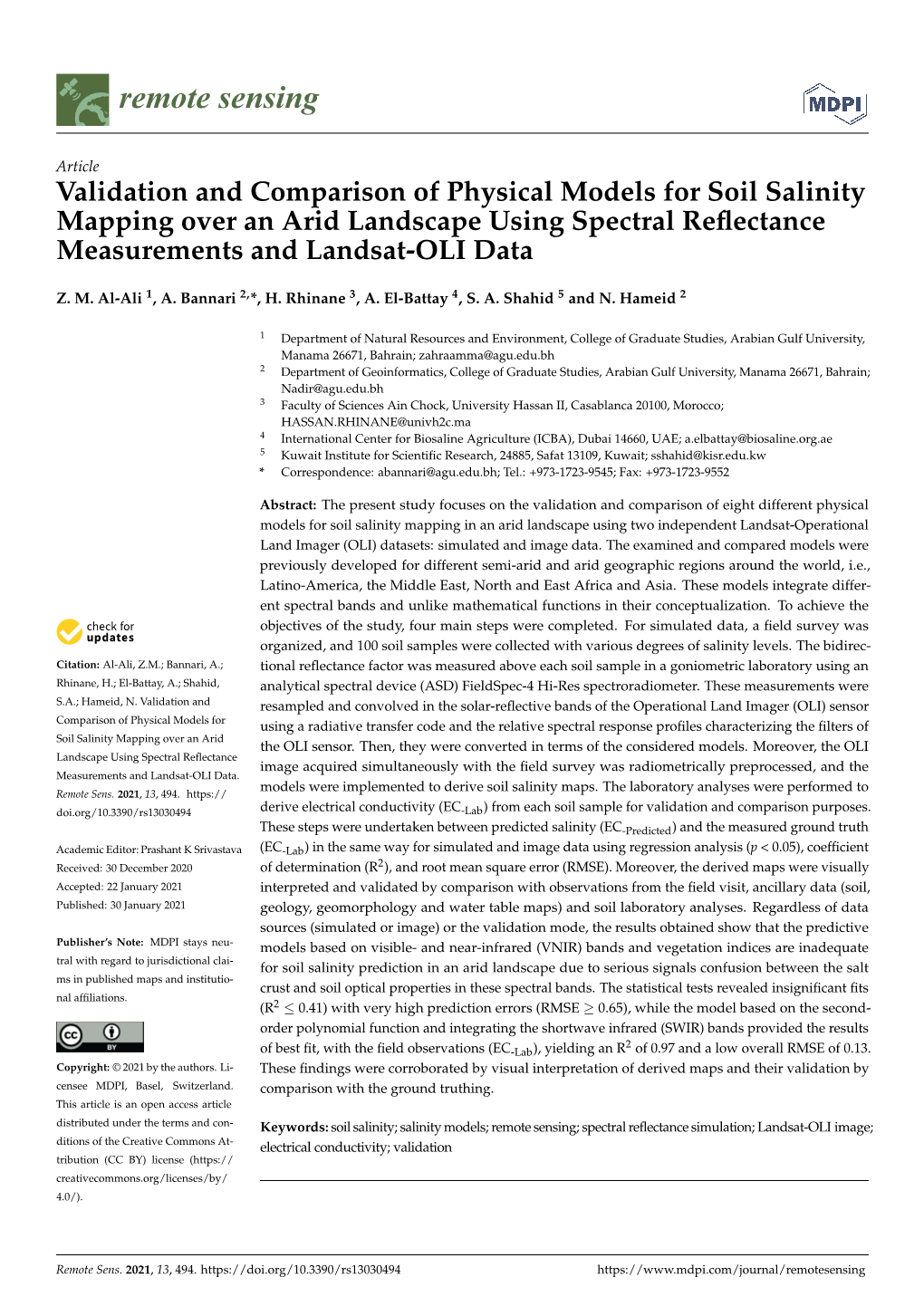 Validation and Comparison of Physical Models for Soil Salinity Mapping Over an Arid Landscape Using Spectral Reﬂectance Measurements and Landsat-OLI Data