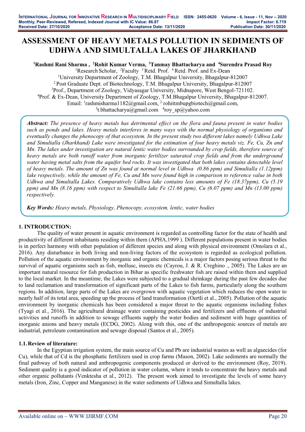 Assessment of Heavy Metals Pollution in Sediments of Udhwa and Simultalla Lakes of Jharkhand