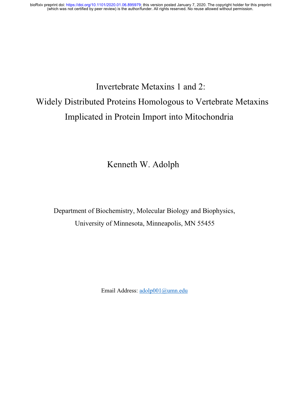 Widely Distributed Proteins Homologous to Vertebrate Metaxins Implicated in Protein Import Into Mitochondria