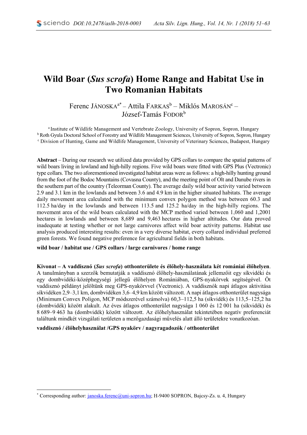 Wild Boar (Sus Scrofa) Home Range and Habitat Use in Two Romanian Habitats