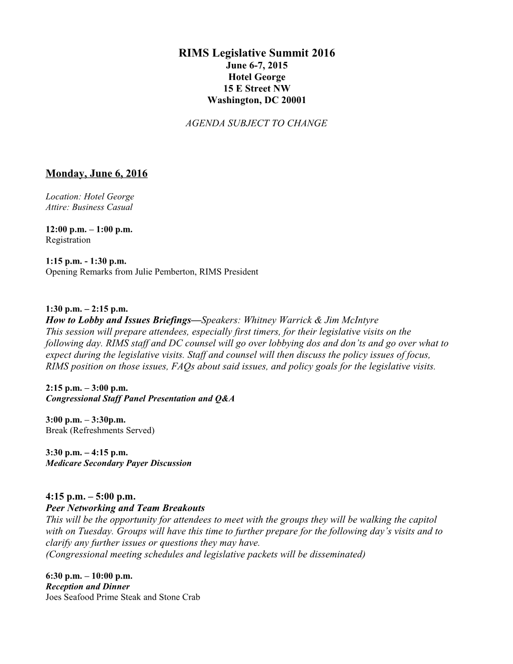 Legislative Summit Agenda As of 5/11/16