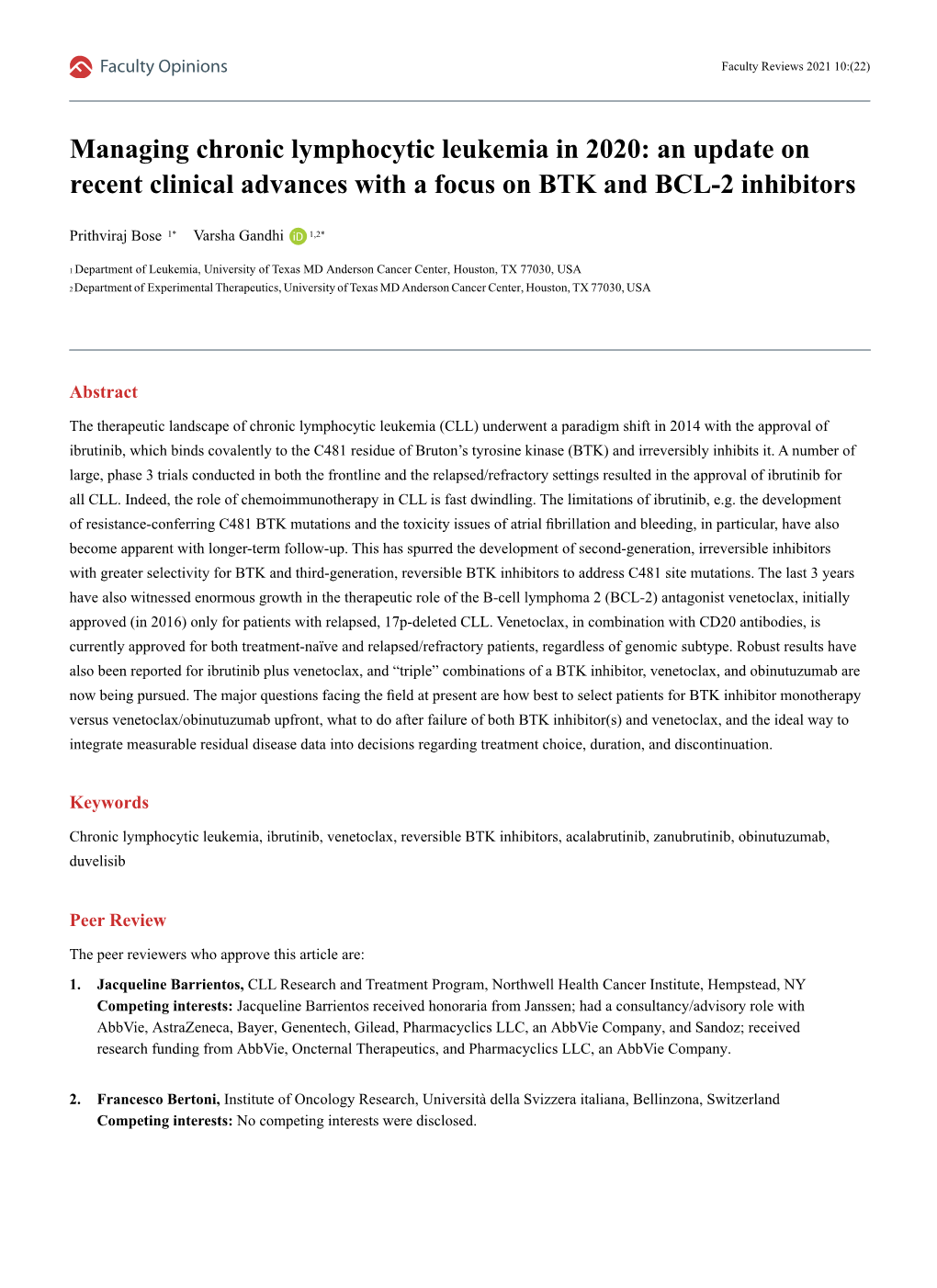 Managing Chronic Lymphocytic Leukemia in 2020: an Update on Recent Clinical Advances with a Focus on BTK and BCL-2 Inhibitors