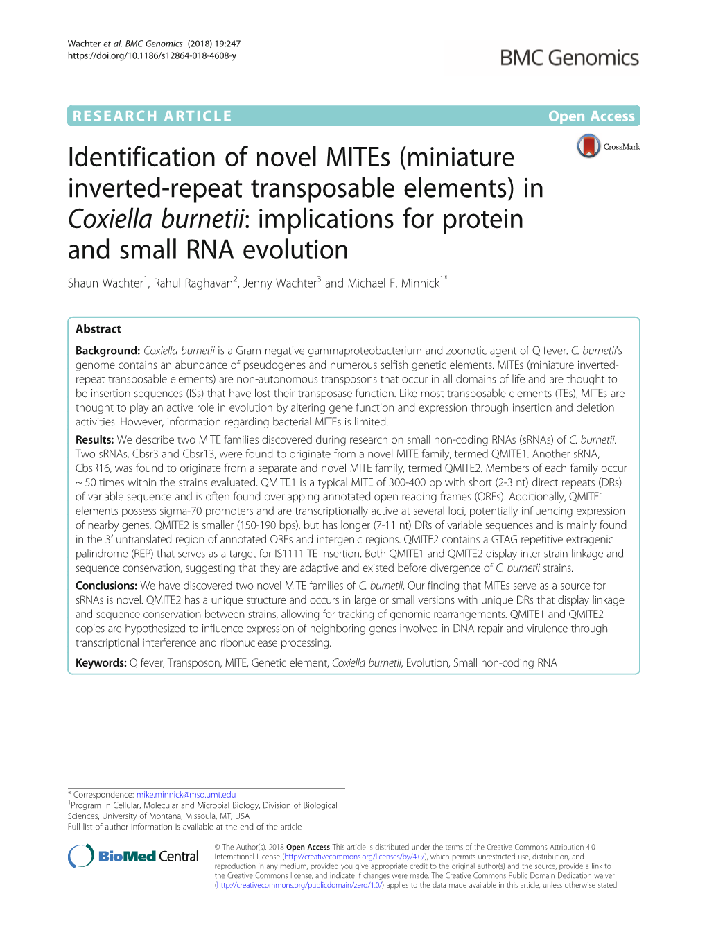 In Coxiella Burnetii: Implications for Protein and Small RNA Evolution Shaun Wachter1, Rahul Raghavan2, Jenny Wachter3 and Michael F