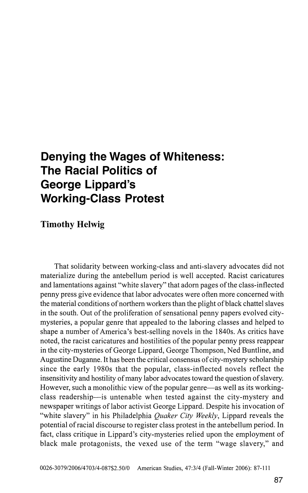 The Racial Politics of George Lippard's Working-Class Protest