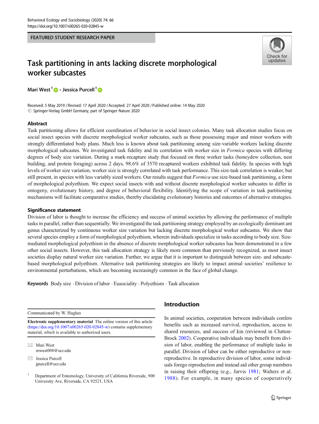 Task Partitioning in Ants Lacking Discrete Morphological Worker Subcastes