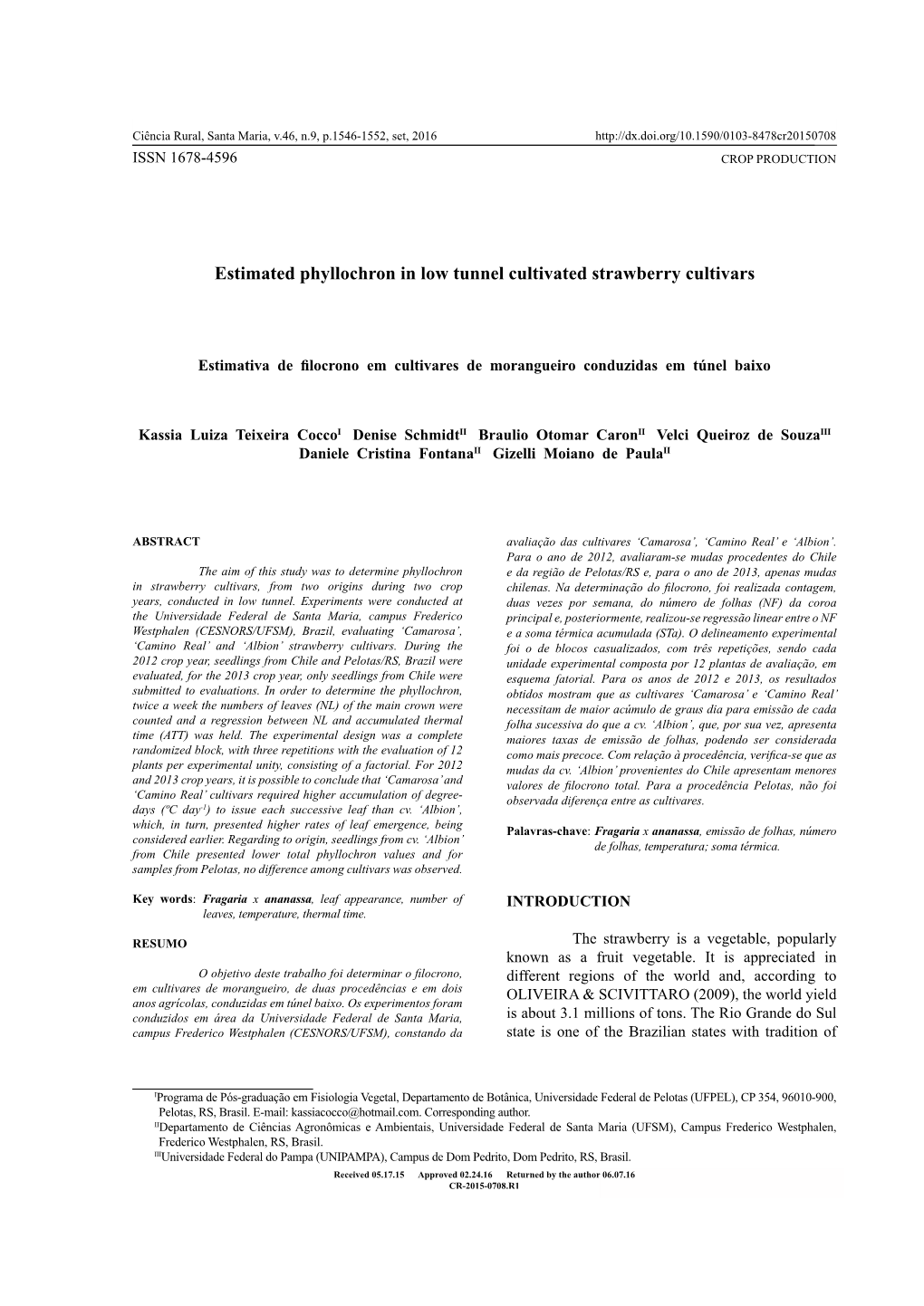 Estimated Phyllochron in Low Tunnel Cultivated Strawberry Cultivars