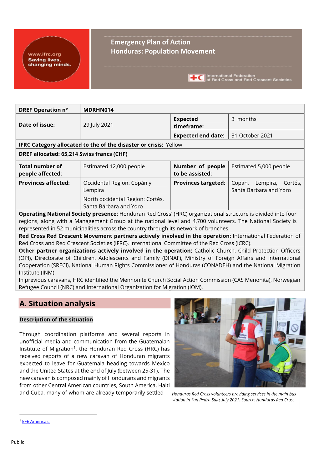 A. Situation Analysis Emergency Plan of Action Honduras