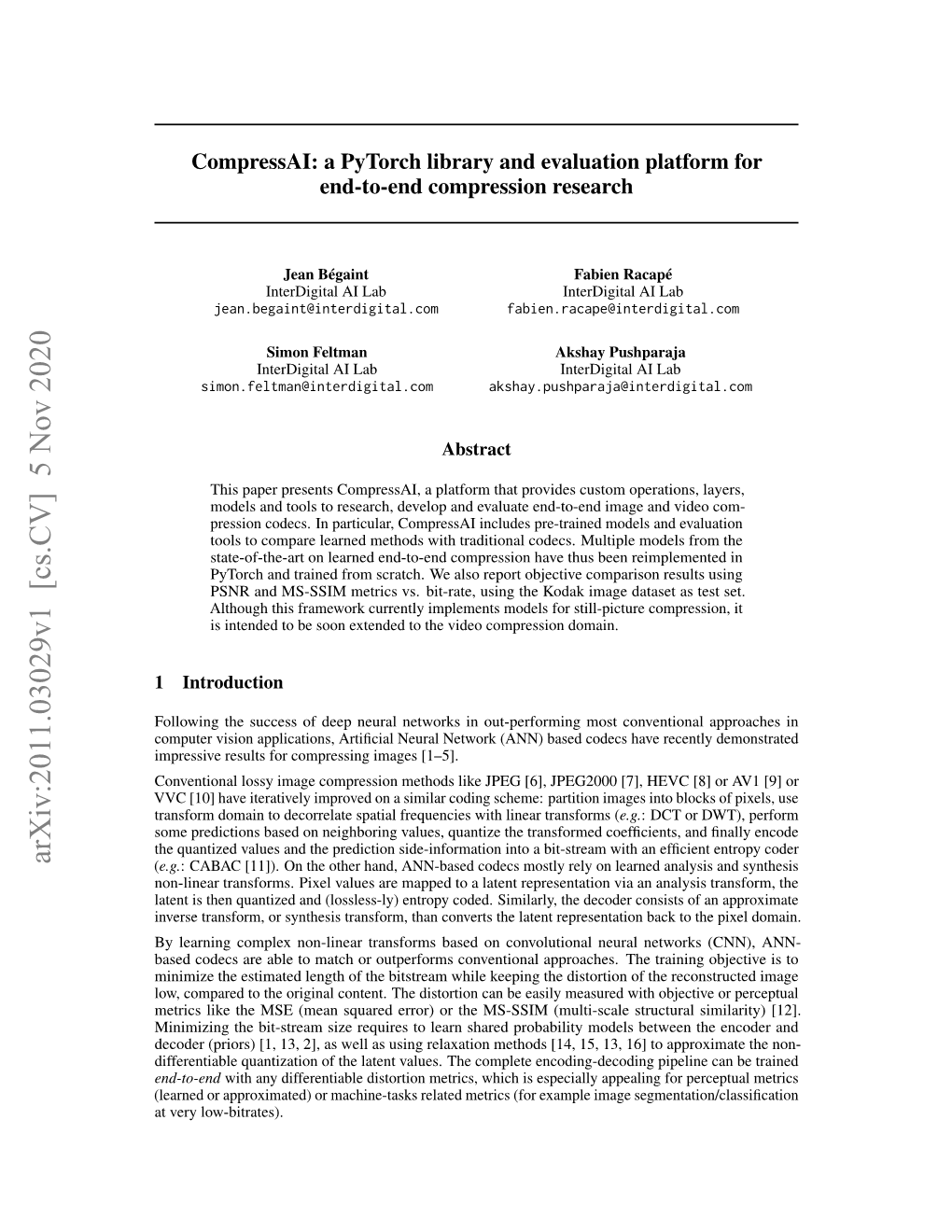 Arxiv:2011.03029V1 [Cs.CV] 5 Nov 2020 (E.G.: CABAC [11])