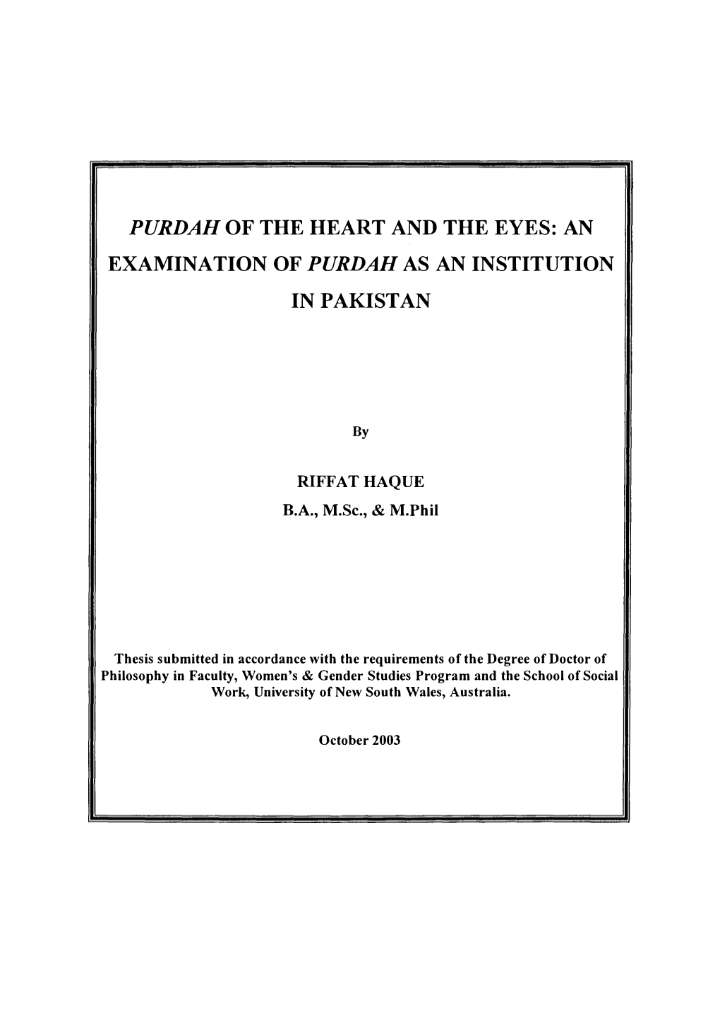 An Examination of Purdah As an Institution in Pakistan