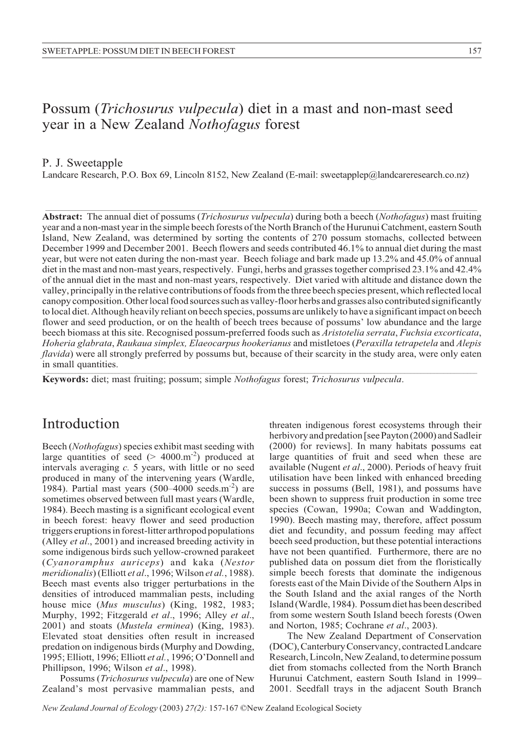 Possum (Trichosurus Vulpecula) Diet in a Mast and Non-Mast Seed Year in a New Zealand Nothofagus Forest