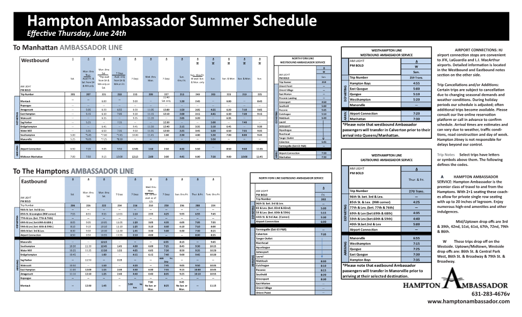 Hampton Ambassador Summer Schedule Effective Thursday, June 24Th