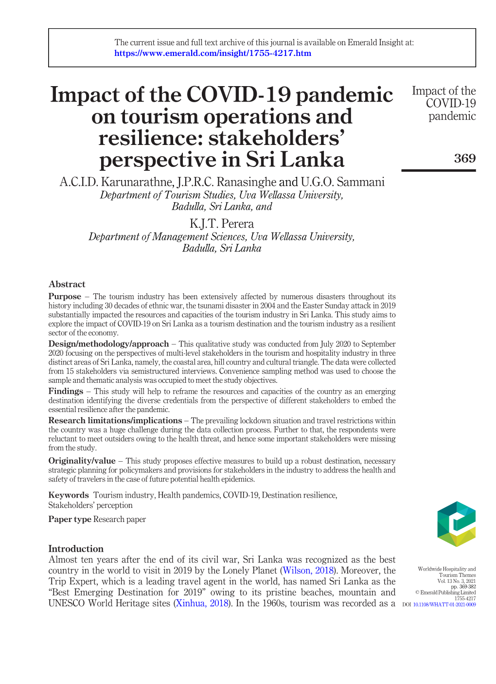 Impact of the COVID-19 Pandemic on Tourism Operations and Resilience